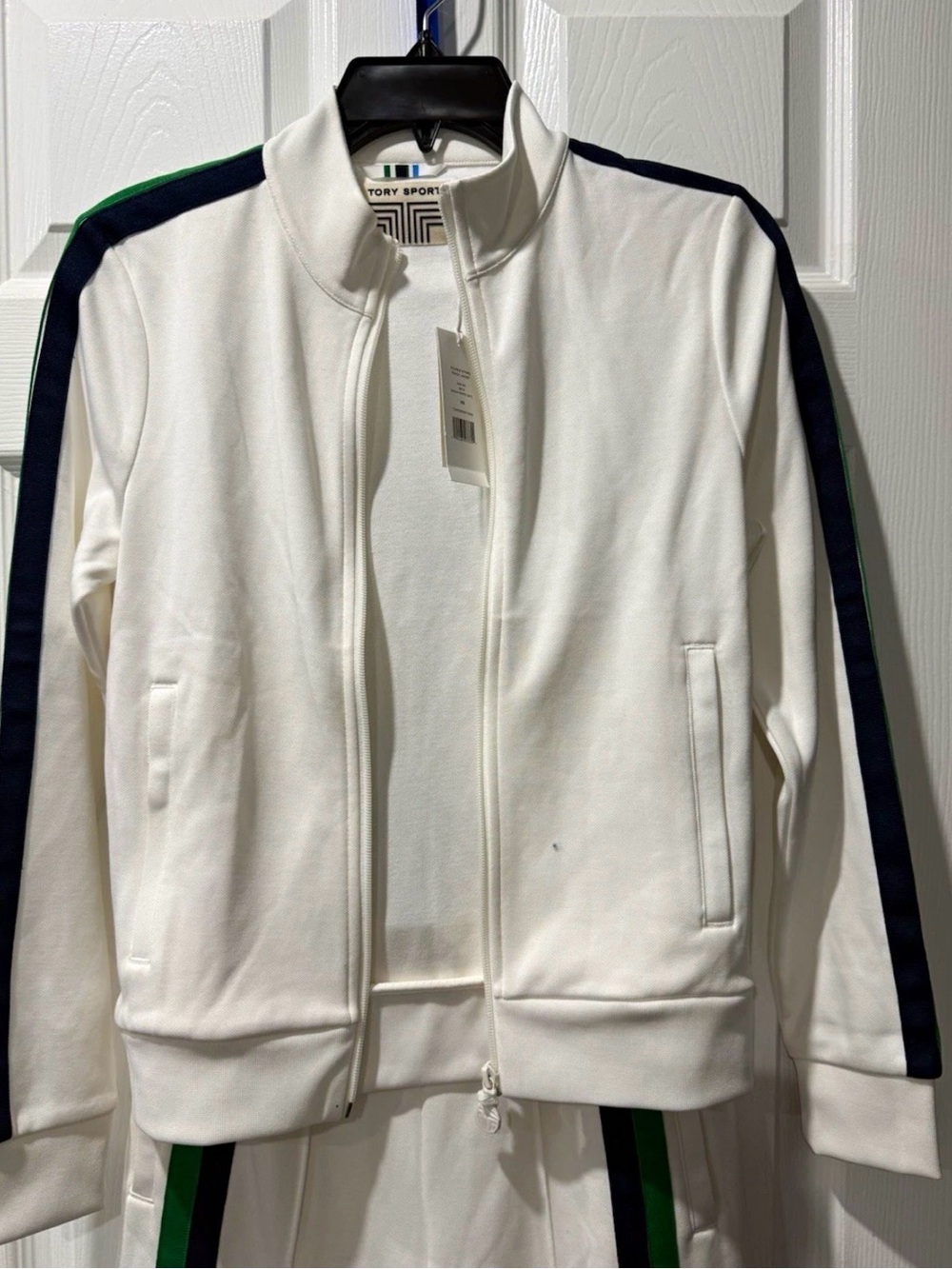 Tory Burch White Track Jacket with Navy & Green Stripes